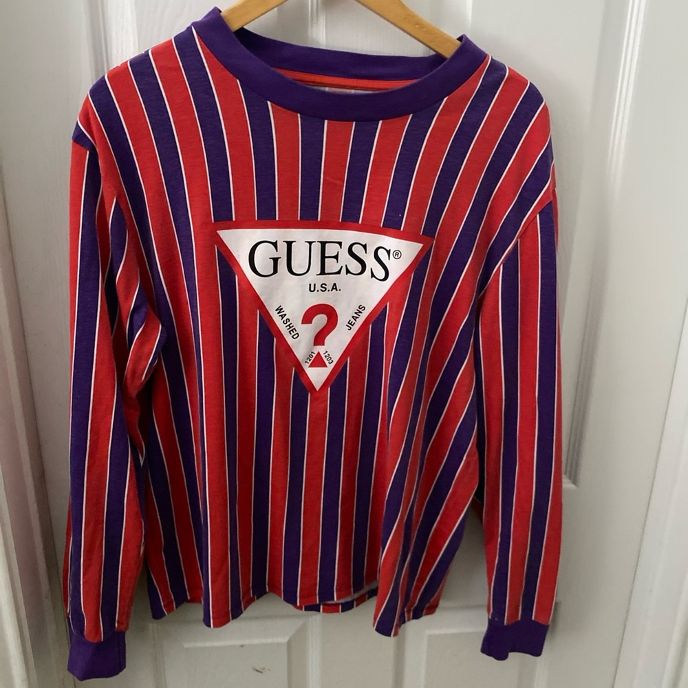 Guess Shirt Mens Red Purple Vertical Striped Triangle Logo Retro Y2K Small